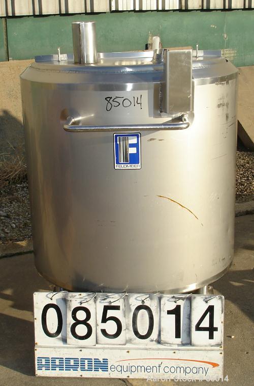 Used Feldmeier Tank, 150 Gallon, Jacketed, 316 Stainless Steel. 35-1/2" diameter x 35-1/2" straight side. Open top with 1" pitched bottom. 1-1/4" side bottom outlet. Has side wall baffles. Jacket rat...