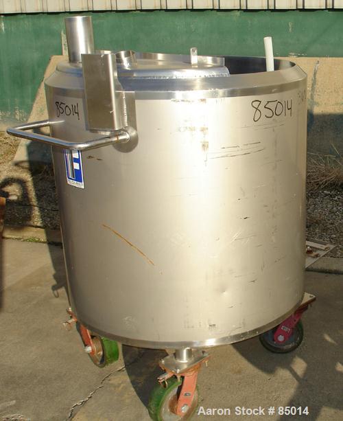 Used Feldmeier Tank, 150 Gallon, Jacketed, 316 Stainless Steel. 35-1/2" diameter x 35-1/2" straight side. Open top with 1" pitched bottom. 1-1/4" side bottom outlet. Has side wall baffles. Jacket rat...