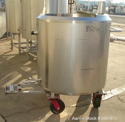 Used Feldmeier Tank, 150 Gallon, Jacketed, 316 Stainless Steel. 35-1/2" diameter x 35-1/2" straight side. Open top with 1" pitched bottom. 1-1/4" side bottom outlet. Has side wall baffles. Jacket rat...