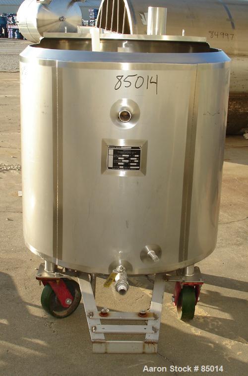 Used Feldmeier Tank, 150 Gallon, Jacketed, 316 Stainless Steel. 35-1/2" diameter x 35-1/2" straight side. Open top with 1" pitched bottom. 1-1/4" side bottom outlet. Has side wall baffles. Jacket rat...