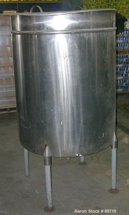 USED: Filpaco tank, 225 gallon, 304 stainless steel, vertical. 38" diameter x 48" straight side, open top with cover, slight coned bottom. Approximate 1" center bottom outlet. Mounted on 4 carbon ste...