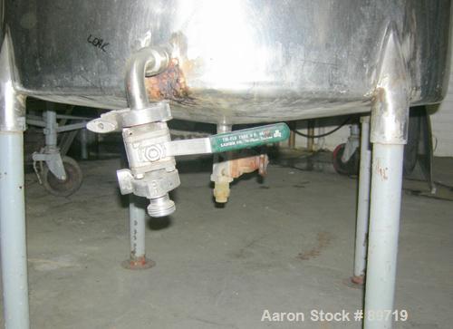 USED: Filpaco tank, 225 gallon, 304 stainless steel, vertical. 38" diameter x 48" straight side, open top with cover, slight coned bottom. Approximate 1" center bottom outlet. Mounted on 4 carbon ste...