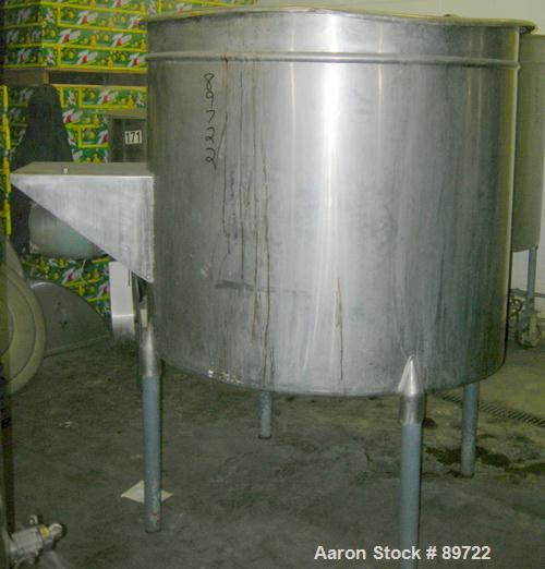 USED: Filpaco tank, 425 gallon, 304 stainless steel, vertical. 52" diameter x 47" straight side, open top with a 2 piece cover, sloped bottom. 1-1/2" off center bottom outlet. Side bottom 3 blade agi...