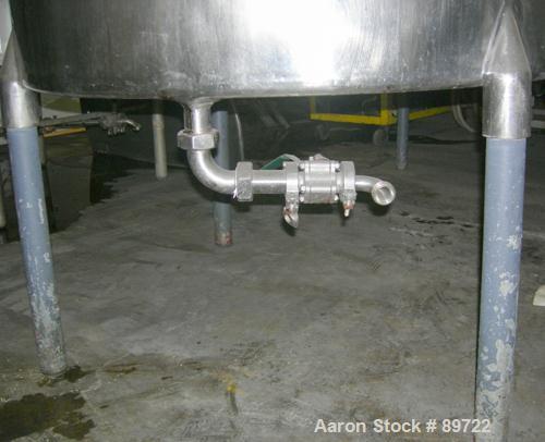 USED: Filpaco tank, 425 gallon, 304 stainless steel, vertical. 52" diameter x 47" straight side, open top with a 2 piece cover, sloped bottom. 1-1/2" off center bottom outlet. Side bottom 3 blade agi...