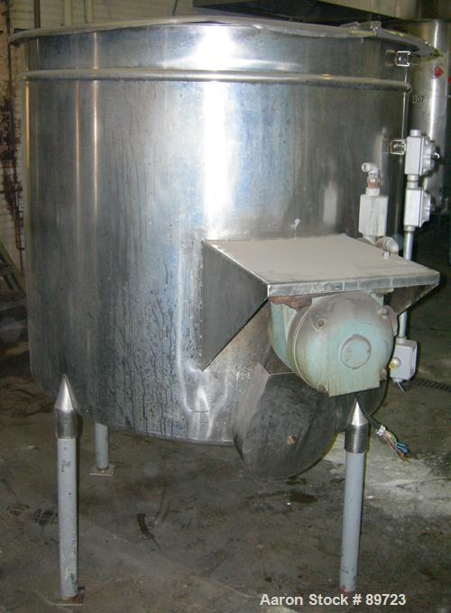 USED: Filpaco tank, 425 gallon, 304 stainless steel, vertical. 52" diameter x 47" straight side, open top with a 2 piece cover, sloped bottom. 1-1/2" off center bottom outlet. Side bottom 3 blade agi...