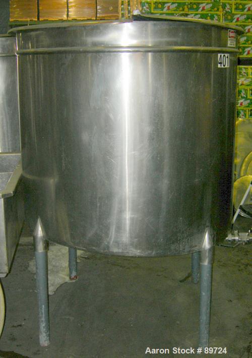 USED: Filpaco tank, 425 gallon, 304 stainless steel, vertical. 52" diameter x 47" straight side, open top with a 2 piece cover, sloped bottom. 1-1/2" off center bottom outlet. Side bottom 3 blade agi...