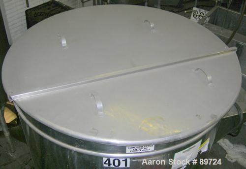 USED: Filpaco tank, 425 gallon, 304 stainless steel, vertical. 52" diameter x 47" straight side, open top with a 2 piece cover, sloped bottom. 1-1/2" off center bottom outlet. Side bottom 3 blade agi...