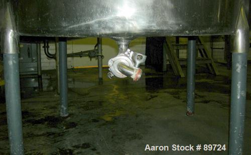 USED: Filpaco tank, 425 gallon, 304 stainless steel, vertical. 52" diameter x 47" straight side, open top with a 2 piece cover, sloped bottom. 1-1/2" off center bottom outlet. Side bottom 3 blade agi...