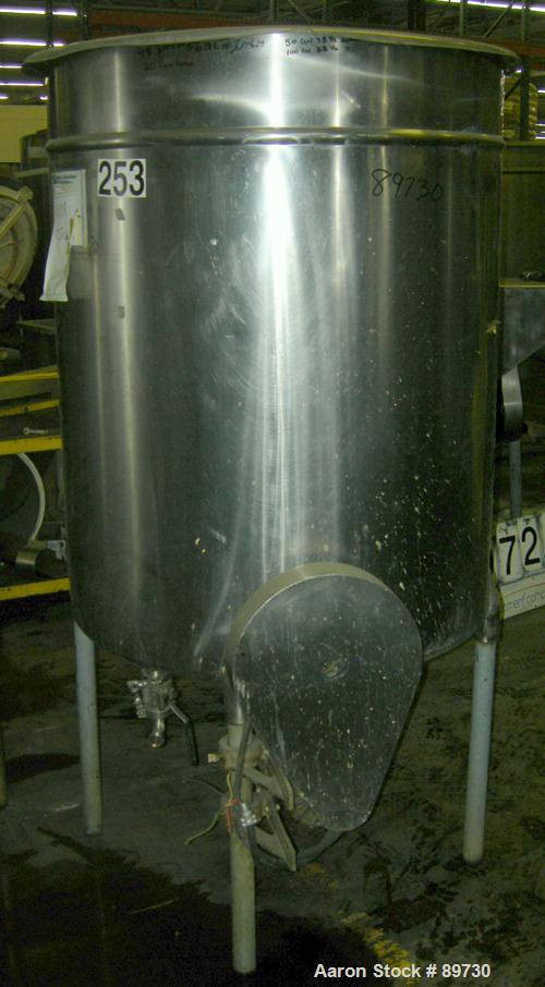 USED: Filpaco tank, 225 gallon, 304 stainless steel, vertical. 38" diameter x 46" straight side, open top with cover, flat bottom. Approximate 1-1/2" off center bottom outlet. Side bottom 4 blade agi...