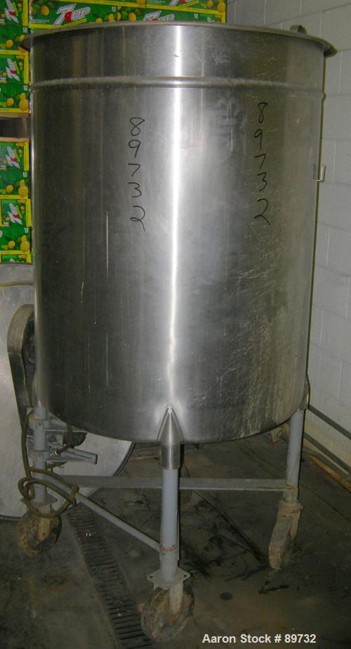 USED: Filpaco tank, 225 gallon, 304 stainless steel, vertical. 38" diameter x 46" straight side, open top with cover, flat bottom. Approximate 1-1/2" off center bottom outlet. Side bottom 3 blade agi...