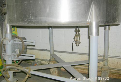 USED: Filpaco tank, 225 gallon, 304 stainless steel, vertical. 38" diameter x 46" straight side, open top with cover, flat bottom. Approximate 1-1/2" off center bottom outlet. Side bottom 3 blade agi...