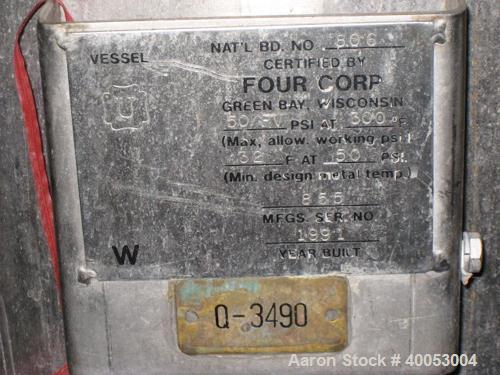 Used: Four Corp Approximately 100 Gallon, 316L Stainless Steel, Vertical.  30" diameter x 32" straight side.  Dish top and bottom.  Vessel rated 50/FV at 300 degrees F. Openings:  top (3) 2", (2) 1 1...