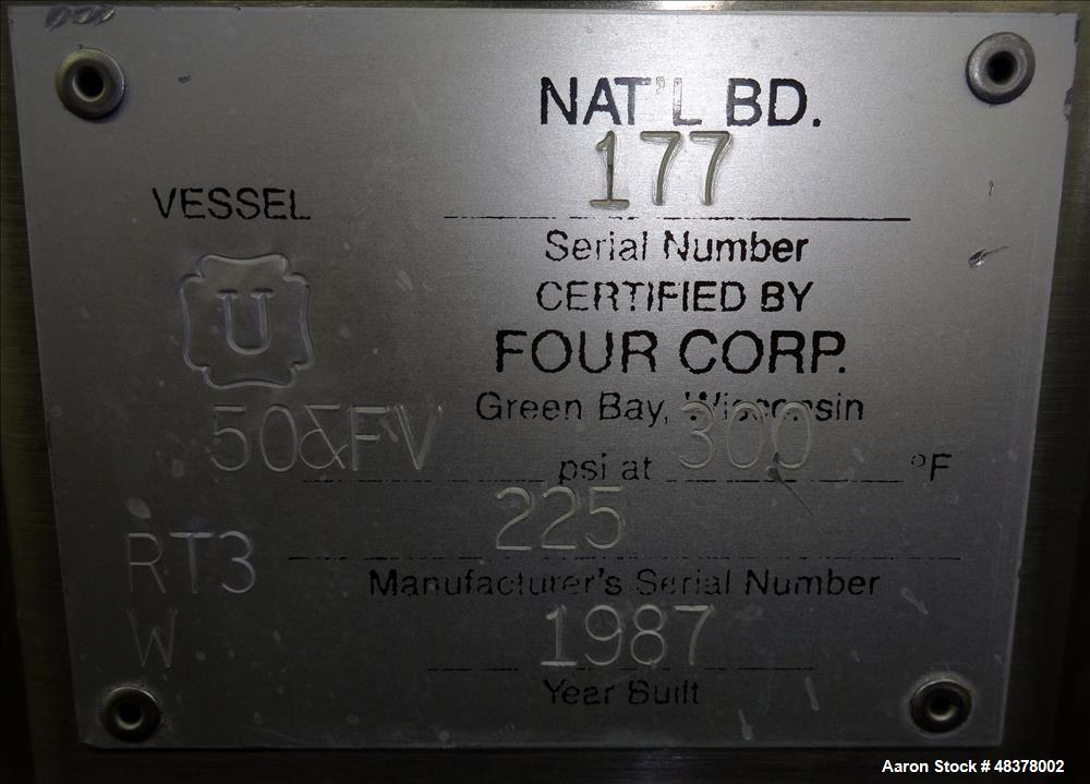 Used Four Corp Pressure Tank, Approximately 80 Gallon, 316L Stainless Steel, Ve
