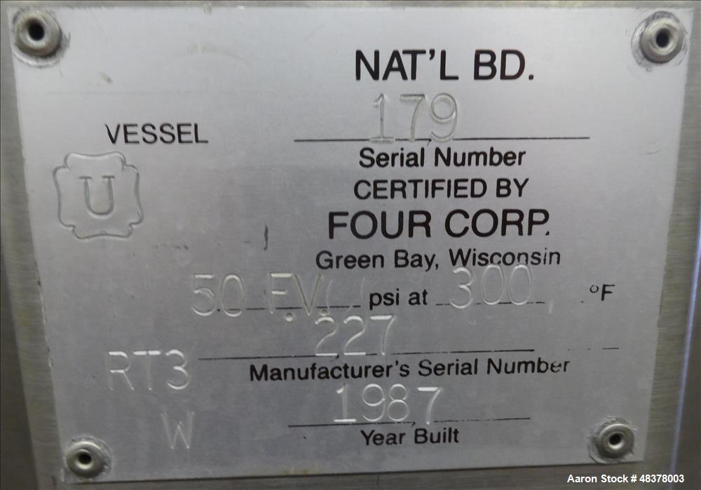 Used Four Corp Pressure Tank, Approximately 80 Gallon, 316L Stainless Steel, Ve