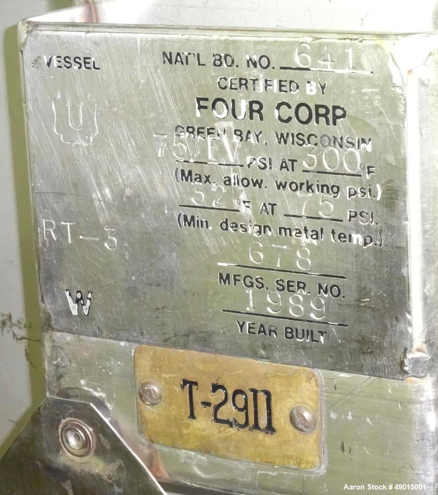 Used Four Corp Pressure Tank, Approximately 100 Gallons, 316 Stainless Steel, V
