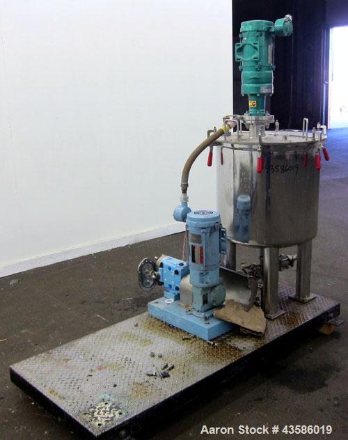 Used Graco Mixing System consisting of: (1) Graco tank, 45 gallon, 304 stainless steel. 24" Diameter x 21" straight side, open top with a 1/3 hinged clamp down cover, dished bottom. Approximate 1/2" ...