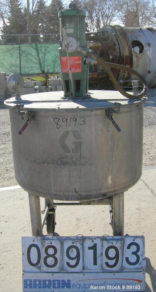 USED: Graco tank, 100 gallon, 304 stainless steel, vertical. 30" diameter x 20" straight side. Flat bolt on top with 1/4 hinged cover, dish bottom. Top entering Lightnin agitator, model XJCK-43. 1" d...