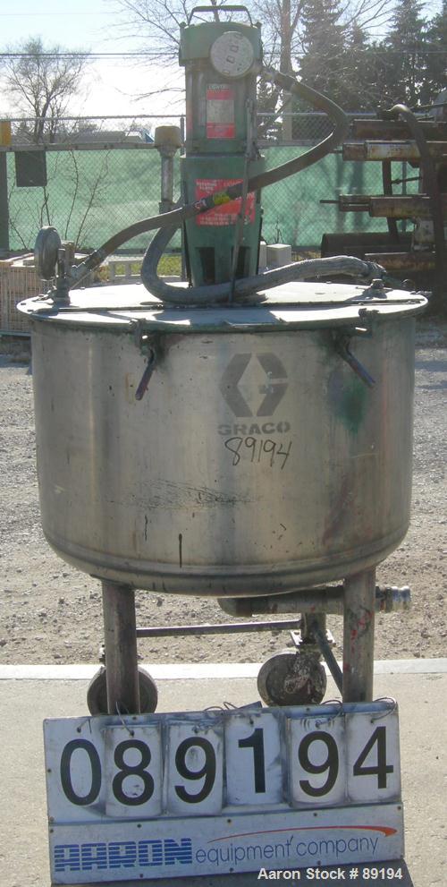 USED: Graco tank, 100 gallon, 304 stainless steel, vertical. 30" diameter x 20" straight side. Flat bolt on top with 1/4 hinged cover, dish bottom. Top entering Lightnin agitator, model XJCK-43. 1" d...