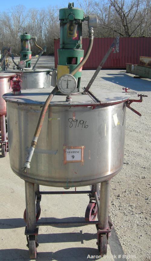 USED: Graco tank, 100 gallon, 304 stainless steel, vertical. 30" diameter x 20" straight side. Flat bolt on top with 1/4 hinged cover, dish bottom. Top entering Lightnin agitator, model XJCK-43. 1" d...