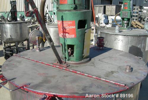 USED: Graco tank, 100 gallon, 304 stainless steel, vertical. 30" diameter x 20" straight side. Flat bolt on top with 1/4 hinged cover, dish bottom. Top entering Lightnin agitator, model XJCK-43. 1" d...
