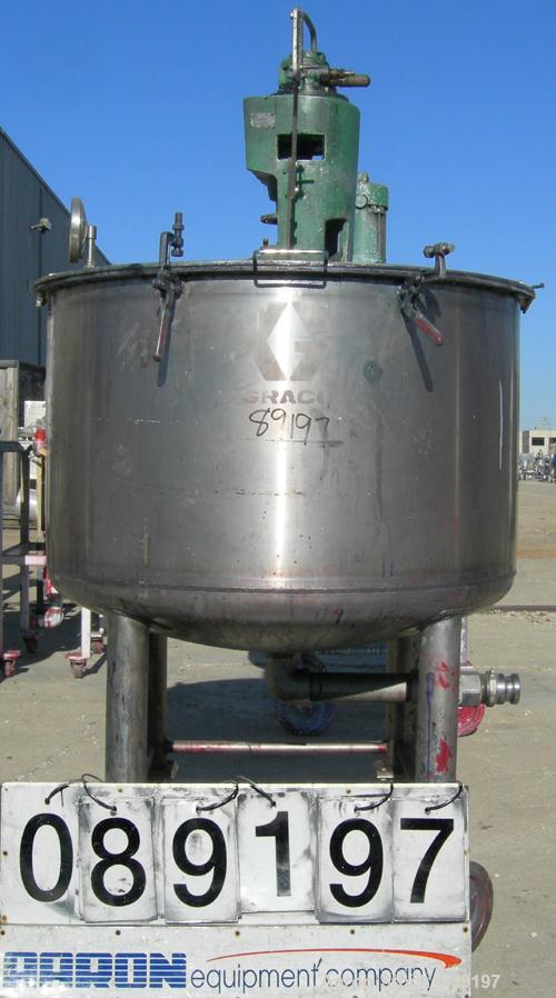 USED: Graco tank, 100 gallon, 304 stainless steel, vertical. 30" diameter x 20" straight side. Flat bolt on top with 1/4 hinged cover, dish bottom. Top entering air operated Lightnin agitator, model ...