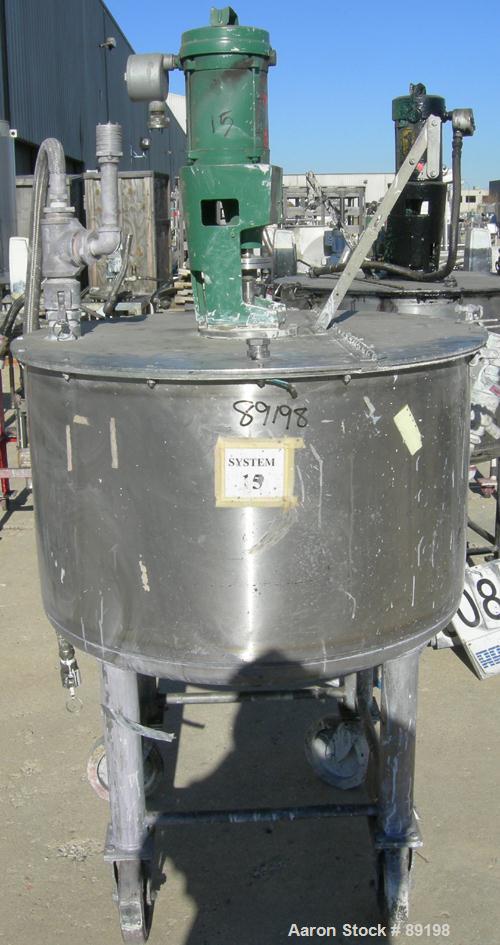 USED: Graco tank, 100 gallon, 304 stainless steel, vertical. 30" diameter x 20" straight side. Flat bolt on top with 1/4 hinged cover, dish bottom. Top entering Lightnin agitator, model XJCK-43. 1" d...