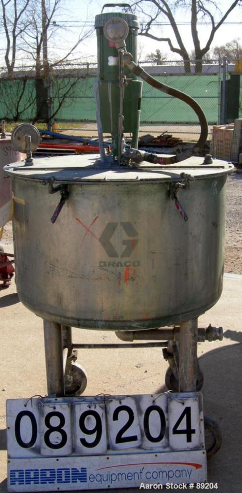 USED: Graco tank, 100 gallon, 304 stainless steel, vertical. 30" diameter x 20" straight side. Flat bolt on top with 1/4 hinged cover, dish bottom. Top entering Lightnin agitator, model XJCK-43. 1" d...