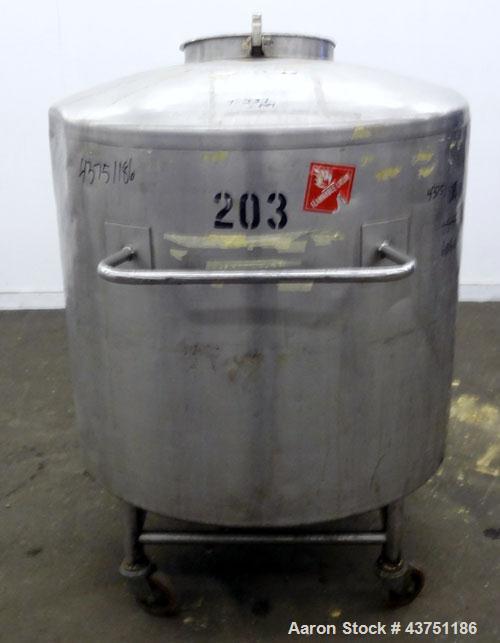 Used Groen Tank, 200 Gallon, 304 Stainless Steel, Vertical.42" Diameter x 35" straight side.Dished top, 1" sloped bottom.Openings:top 16" manway with cover; approximate 2-1/2" side bottom outlet.Moun...