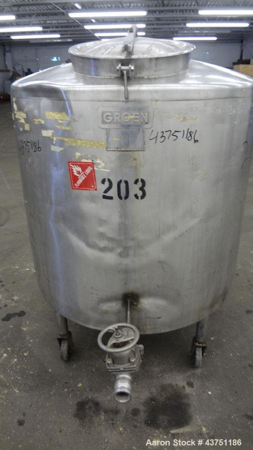 Used Groen Tank, 200 Gallon, 304 Stainless Steel, Vertical.42" Diameter x 35" straight side.Dished top, 1" sloped bottom.Openings:top 16" manway with cover; approximate 2-1/2" side bottom outlet.Moun...