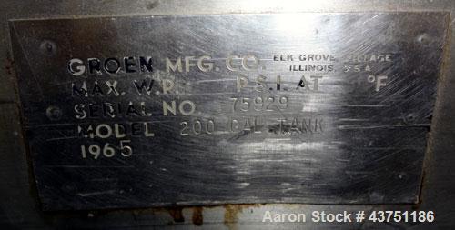 Used Groen Tank, 200 Gallon, 304 Stainless Steel, Vertical.42" Diameter x 35" straight side.Dished top, 1" sloped bottom.Openings:top 16" manway with cover; approximate 2-1/2" side bottom outlet.Moun...