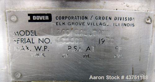 Used Groen Tank, 200 Gallon, 304 Stainless Steel, Vertical.  38" Diameter x 47" straight side.  Bolt-on hinged top cover, 1" sloped bottom.  Clamp-on Lightnin air operated agitator, model NAG-33.  3/...