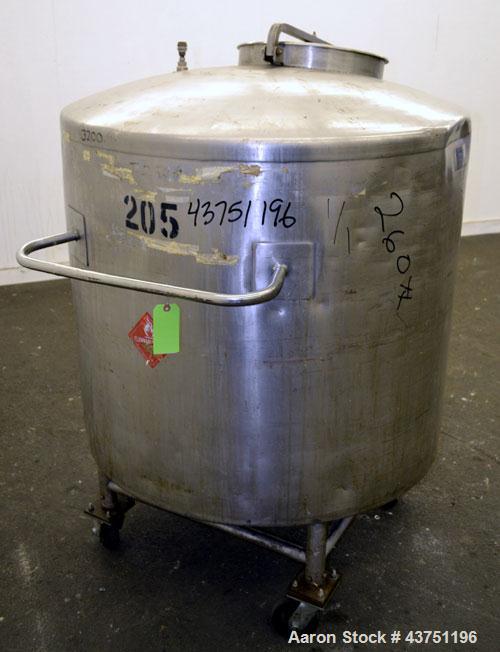 Used Groen Tank, 200 Gallon, 304 Stainless Steel, Vertical.42" Diameter x 35" straight side.Dished top, 1" sloped bottom.Openings:top 16" manway with cover; approximately 2-1/2" side bottom outlet.Mo...