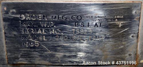 Used Groen Tank, 200 Gallon, 304 Stainless Steel, Vertical.42" Diameter x 35" straight side.Dished top, 1" sloped bottom.Openings:top 16" manway with cover; approximately 2-1/2" side bottom outlet.Mo...