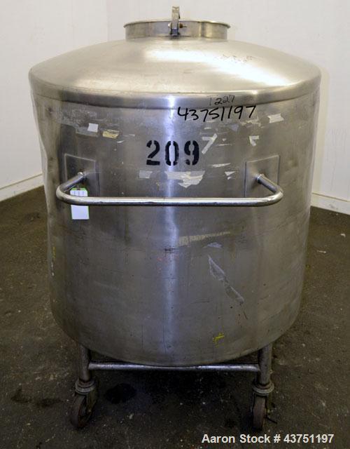 Used Groen Tank, 200 Gallon, 304 Stainless Steel, Vertical.  42" Diameter x 35" straight side.  Dished top, 1" sloped bottom.  Openings: top 16" manway with cover; approximately 2-1/2" side bottom ou...