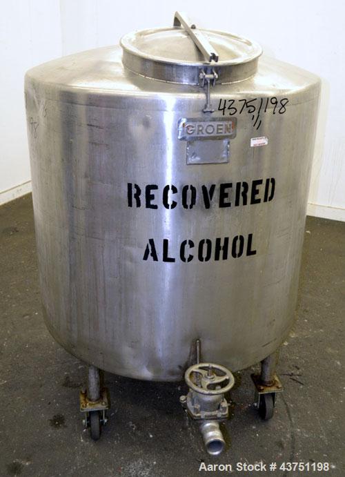 Used Groen Tank, 200 Gallon, 304 Stainless Steel, Vertical.42" Diameter x 35" straight side.Dished top, 1" sloped bottom.Openings:top 16" manway with cover; approximately 2-1/2" side bottom outlet.Mo...