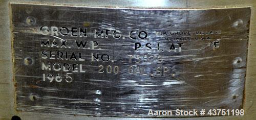 Used Groen Tank, 200 Gallon, 304 Stainless Steel, Vertical.42" Diameter x 35" straight side.Dished top, 1" sloped bottom.Openings:top 16" manway with cover; approximately 2-1/2" side bottom outlet.Mo...
