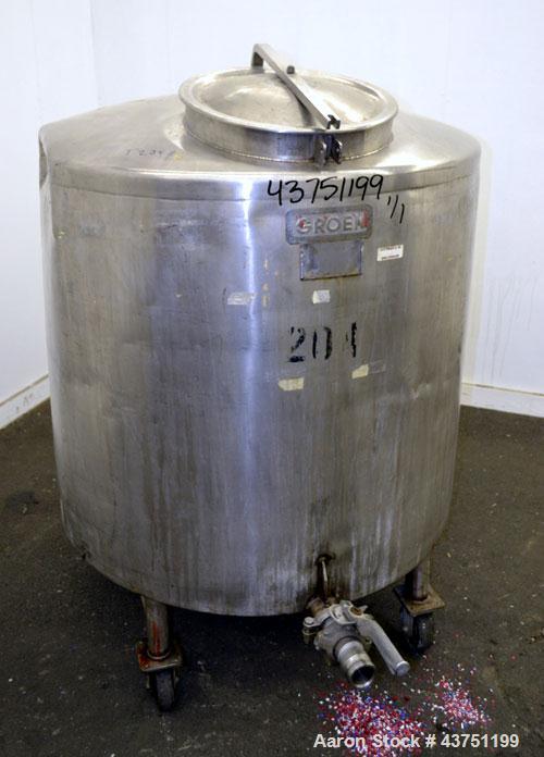 Used Groen Tank, 200 Gallon, 304 Stainless Steel, Vertical.42" Diameter x 35" straight side.Dished top, 1" sloped bottom.Openings:top 16" manway with cover; approximately 2-1/2" side bottom outlet.Mo...