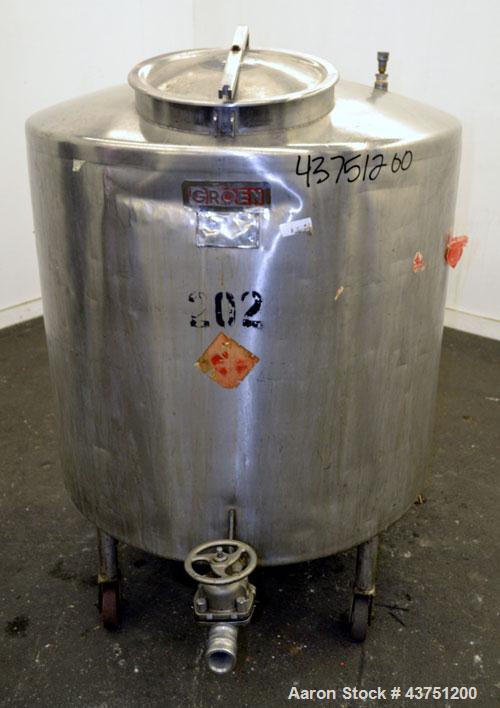 Used Groen Tank, 200 Gallon, 304 Stainless Steel, Vertical.  42" Diameter x 35" straight side.  Dished top, 1" sloped bottom.  Openings:  top 16" manway with cover; approximately 2-1/2" side bottom o...
