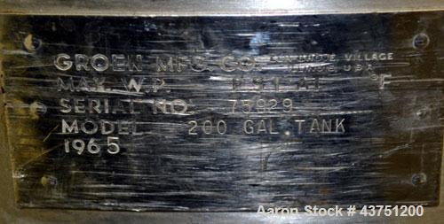 Used Groen Tank, 200 Gallon, 304 Stainless Steel, Vertical.  42" Diameter x 35" straight side.  Dished top, 1" sloped bottom.  Openings:  top 16" manway with cover; approximately 2-1/2" side bottom o...