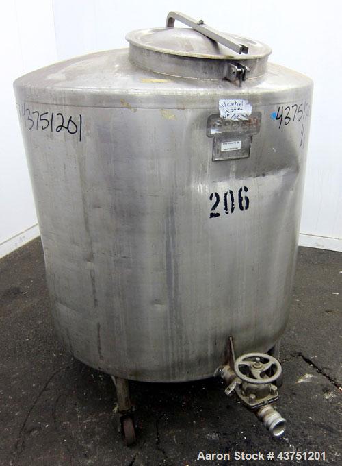 Used Groen Tank, 200 Gallon, 304 Stainless Steel, Vertical.  42" Diameter x 35" straight side.  Dished top, 1" sloped bottom.  Openings:  top 16" manway with cover; approximately 2-1/2" side bottom o...