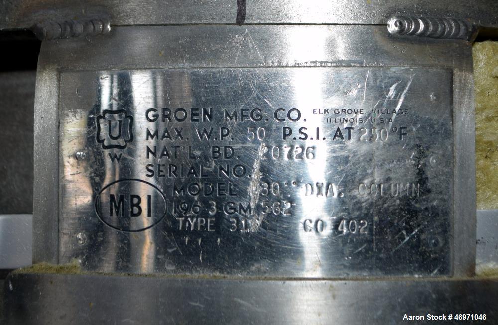 Used- Groen Pressure Tank, Approximate 450 Gallons, 316 Stainless Steel