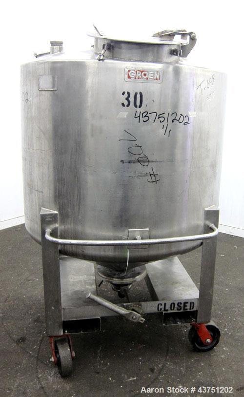 Used Groen Tank, 335 Gallon, 304 Stainless Steel, Vertical.  48" Diameter x 36" straight side.  Dished top, coned bottom.  Internal rated 15 psi. Openings: top 16" manway with cover; approximately 4"...