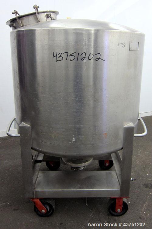 Used Groen Tank, 335 Gallon, 304 Stainless Steel, Vertical.  48" Diameter x 36" straight side.  Dished top, coned bottom.  Internal rated 15 psi. Openings: top 16" manway with cover; approximately 4"...