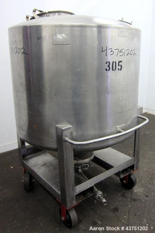 Used Groen Tank, 335 Gallon, 304 Stainless Steel, Vertical.  48" Diameter x 36" straight side.  Dished top, coned bottom.  Internal rated 15 psi. Openings: top 16" manway with cover; approximately 4"...