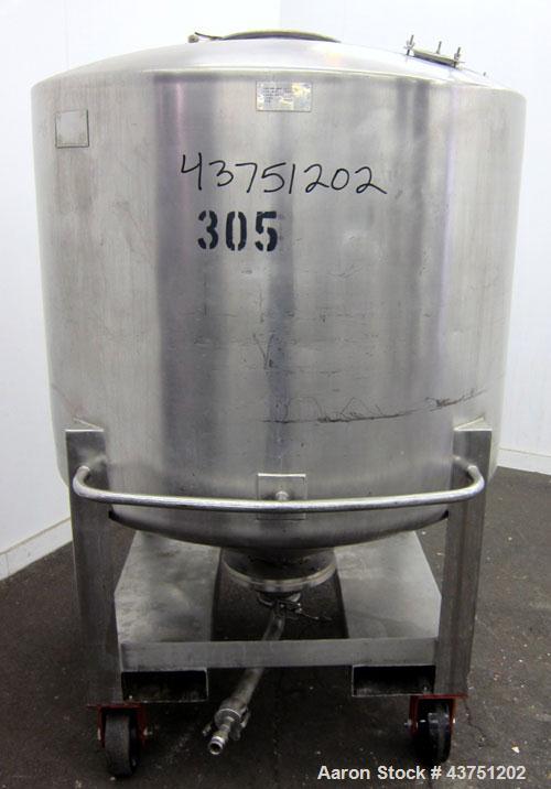 Used Groen Tank, 335 Gallon, 304 Stainless Steel, Vertical.  48" Diameter x 36" straight side.  Dished top, coned bottom.  Internal rated 15 psi. Openings: top 16" manway with cover; approximately 4"...