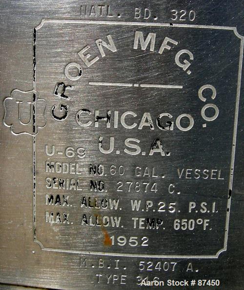 Used Groen Pressure Tank, 60 Gallon, 316 Stainless Steel, Vertical. 24" Diameter x 34" straight side, dish top and bottom. Internal rated 25 psi at 650 deg F. Openings: top (2) 2", 10" with a 4" sigh...