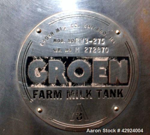 Used Groen Farm Milk Tank, 275 Gallon, Model RW3-275, 304 Stainless Steel, Vertical. Approximate 53’’ diameter x 29’’ straight side. Open top with a full 1 piece hinged cover, sloped bottom. Approxim...