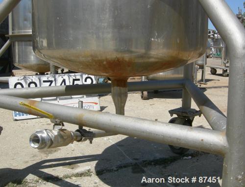 USED: Groen Pressure Tank, 60 gallon, 316 stainless steel, vertical. 24" diameter x 34" straight side, dish top and bottom. Internal rated 25 psi at 650 deg F. Openings: top (2) 2", 10" with a 4" sig...