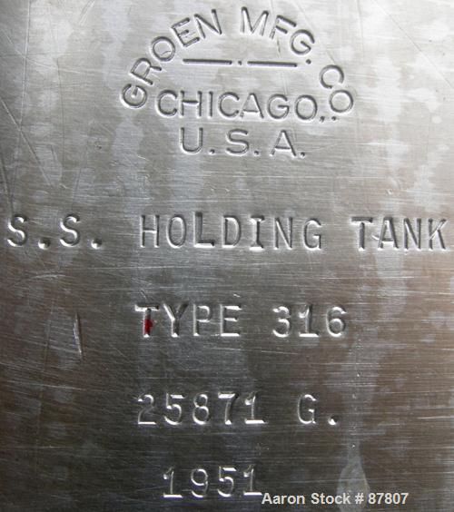 Used Groen Tank, 18 Gallon, 316 Stainless Steel, Vertical. 15-1/2" Diameter X 23" straight side, dish top and bottom. Openings: top (2) 3/8", 6" with cover; 3/8" center bottom outlet. Includes a carb...