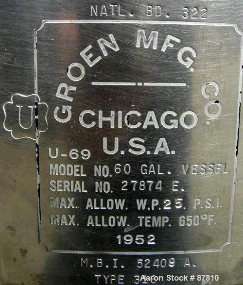 USED: Groen pressure tank, 60 gallon, 316 stainless steel, vertical. 24" diameter X 34" straight side, dish top and bottom. Internal rated 25 psi at 650 deg F. Off center top entering Lightnin air op...